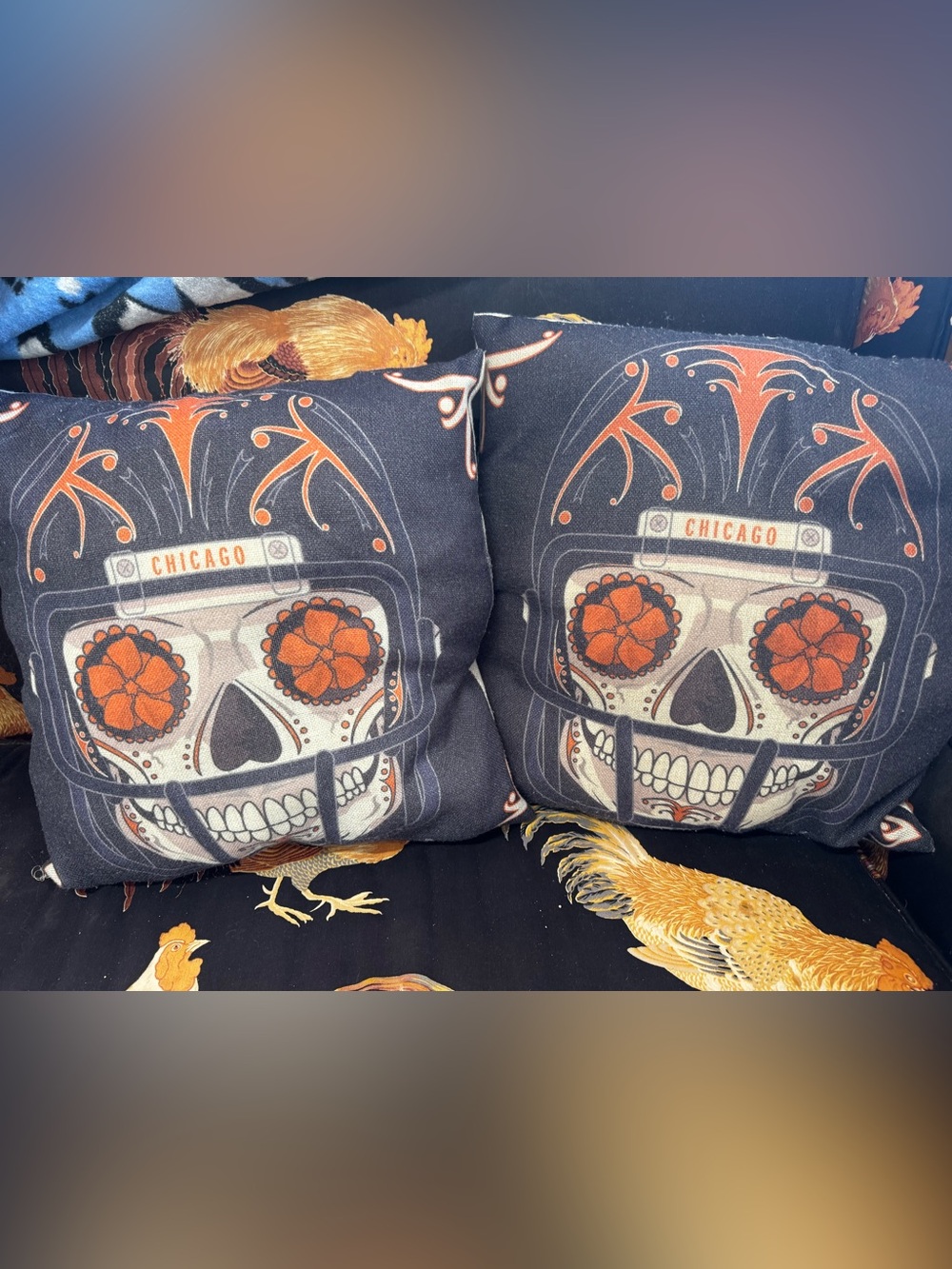 Decorative Blue Pillow Pair with Orange Sugar Skull Design- Chicago Bears